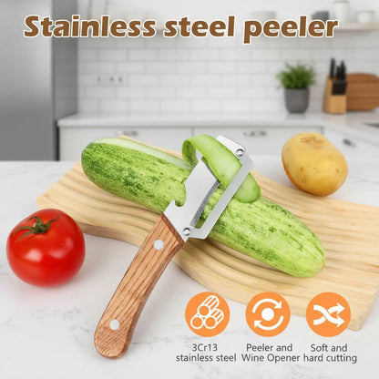 2-in-1 Stainless Steel Peeler & Shredder Set with Wooden Handle